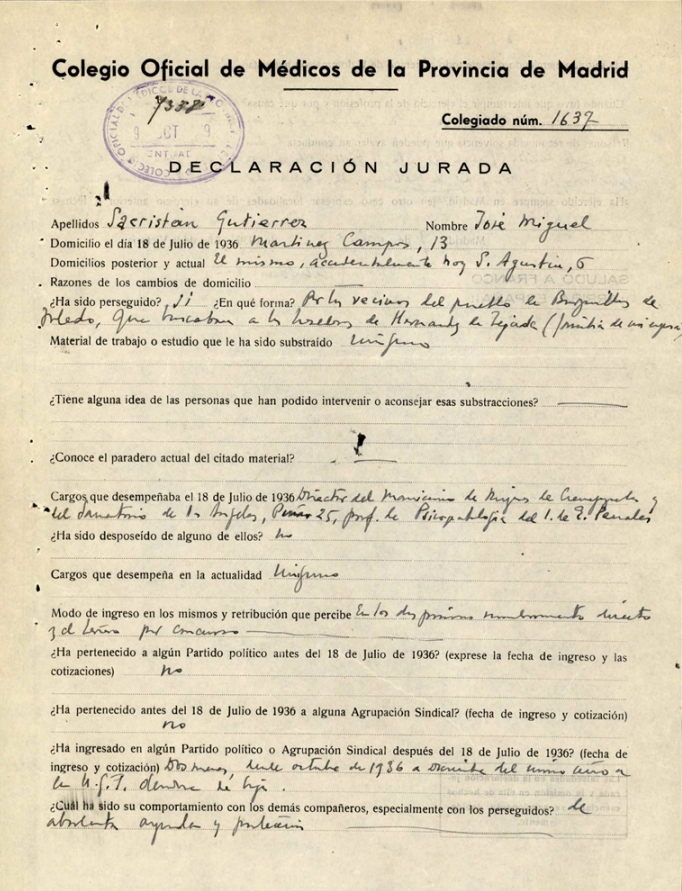 Primera declaración jurada.  Fuente: Colegio de Médicos, SACRISTÁN GUTIERREZ, JOSÉ MIGUEL_COL. Nº 282801637